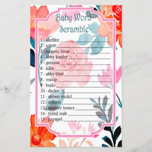 Papier Orange Watercolor flowers Baby word scramble jeu