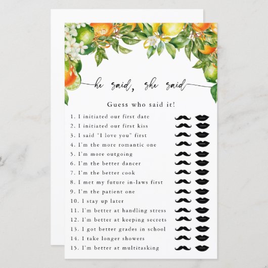 Papier Oranges Citron Il A Dit Qu'Elle A Dit Jeu (Devant / Derrière)