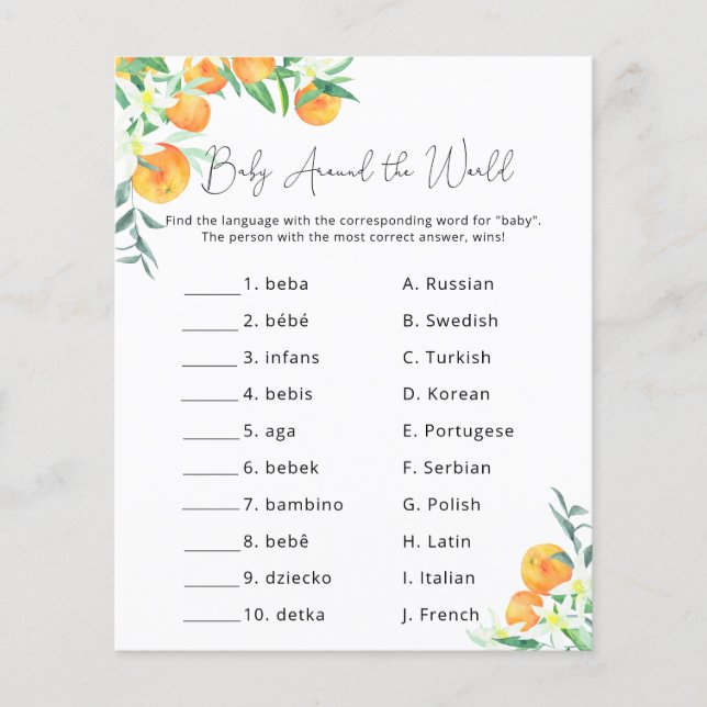 Papier Oranges Citrus - Jeu pour Baby Shower (Devant)