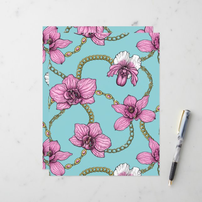 Papier Orchidées et chaînes, roses et bleues (Devant/Arrière en situation)