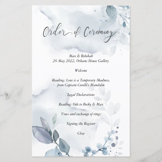 Papier Ordre de cérémonie Wispy Dusty Blue Foliage (Devant)