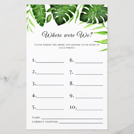 Papier Où étions-nous Jeu de Baby Shower Tropical Végétal (Devant)