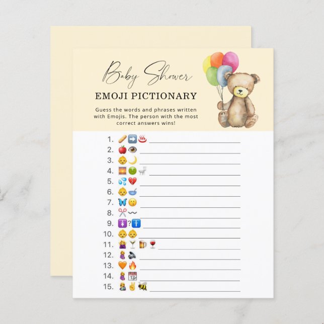 Papier Ours avec ballons \ Emoji jeu pictionnaire (Devant / Derrière)