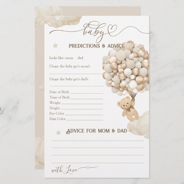 Papier Ours avec ballons Jeu de Baby shower neutre (Devant / Derrière)