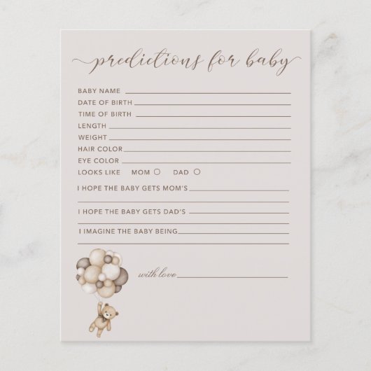 Papier Ours Avec Ballons Prédictions Pour Baby Game Card (Devant)