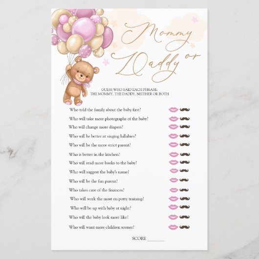 Papier Ours Baby shower Jeu Devinez Qui Maman ou Papa (Devant)