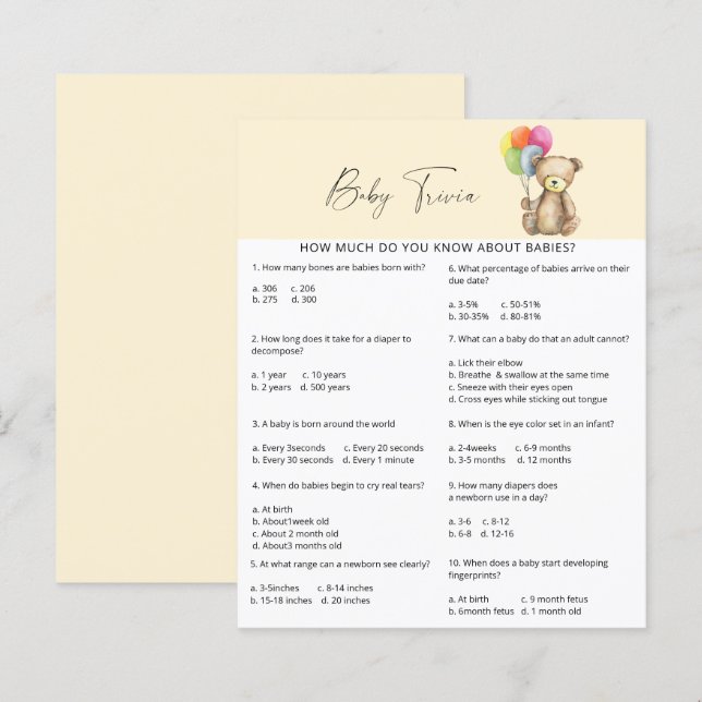 Papier Ours - Bébé Anecdotes | Jeu de Baby Shower (Devant / Derrière)