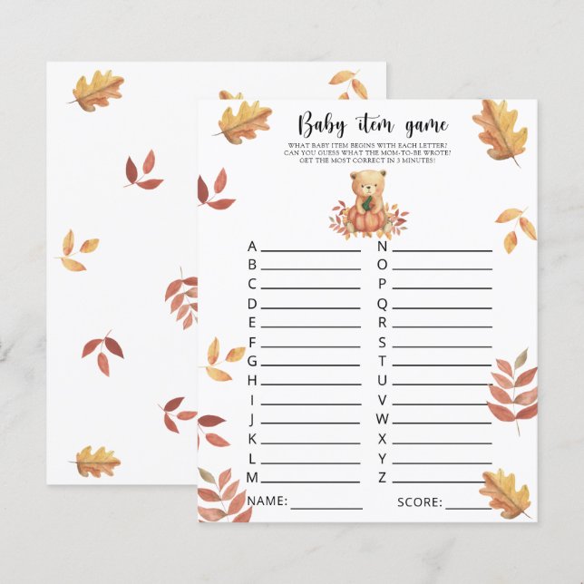 Papier Ours d'automne - Jeu d'article pour bébé. Jeu de B (Devant / Derrière)
