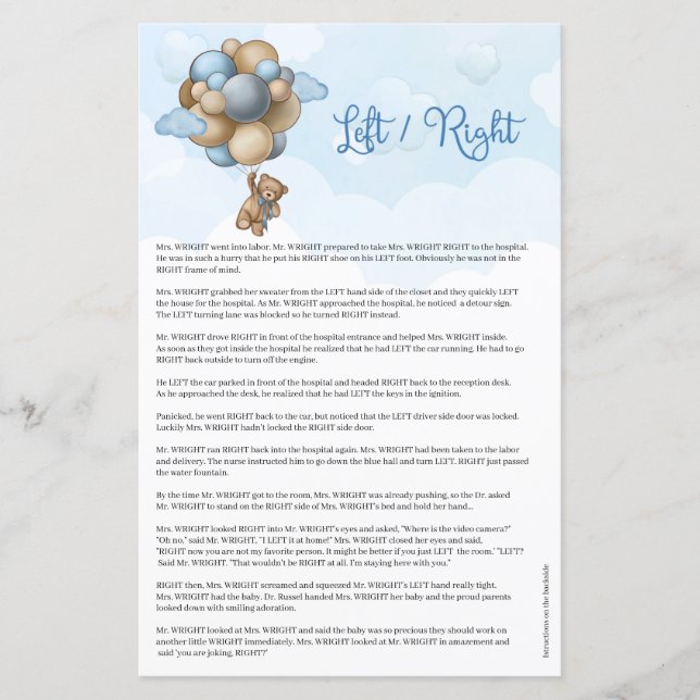 Papier Ours en peluche bleu beige brun ballons gauche dro (Devant)