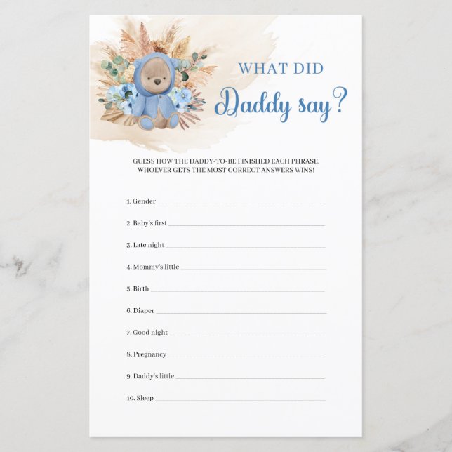 Papier ours en peluche pampas herbe floral Qu'a dit papa (Devant)