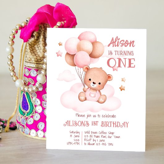Papier Ours en peluche rose avec ballons invitation d'ann
