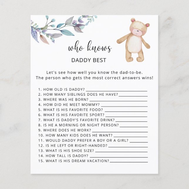 Papier Ours floral Qui connaît le mieux DADDY (Devant)