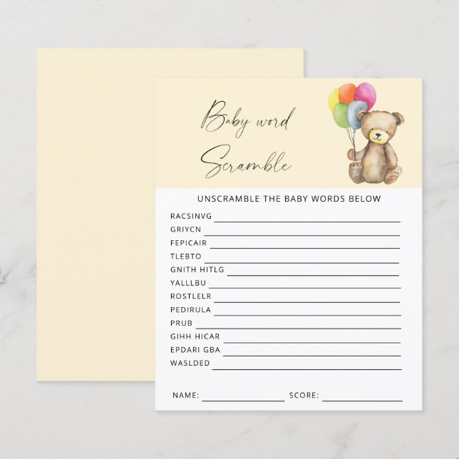 Papier Ours - Jeu de baby shower de course de mot (Devant / Derrière)