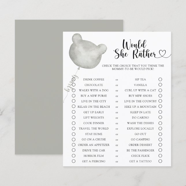 Papier Ours / Jeu de baby shower Préférerait-Elle Bébé (Devant / Derrière)