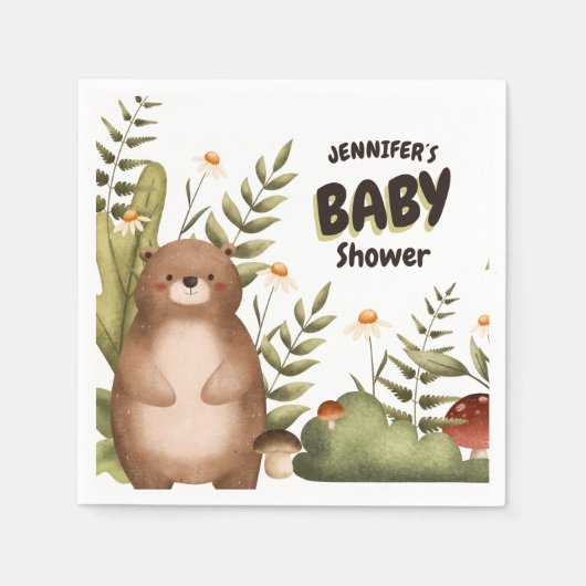 Papier Ours mignon en bois Baby shower de serviette blanc (Devant)