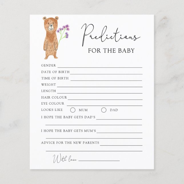 Papier Ours - prédictions et souhaits pour bébé (Devant)