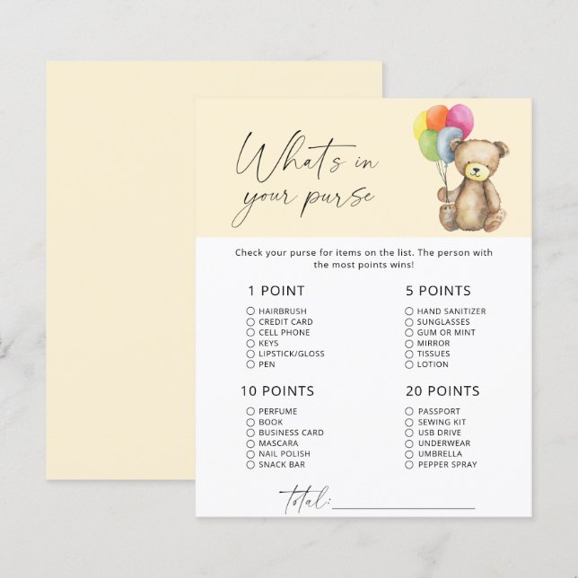 Papier Ours - Qu'y a-t-il dans votre sac à main (Devant / Derrière)