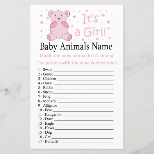 Papier Ours rose Bébé Animaux Nom Jeu (Devant)