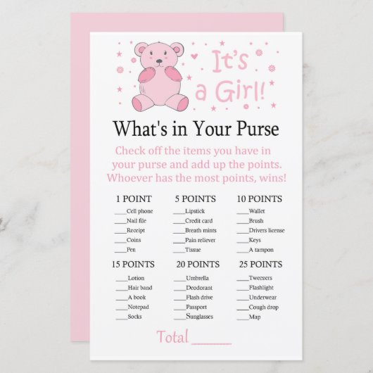 Papier Ours rose Qu'y a-t-il dans votre sac à main (Devant / Derrière)