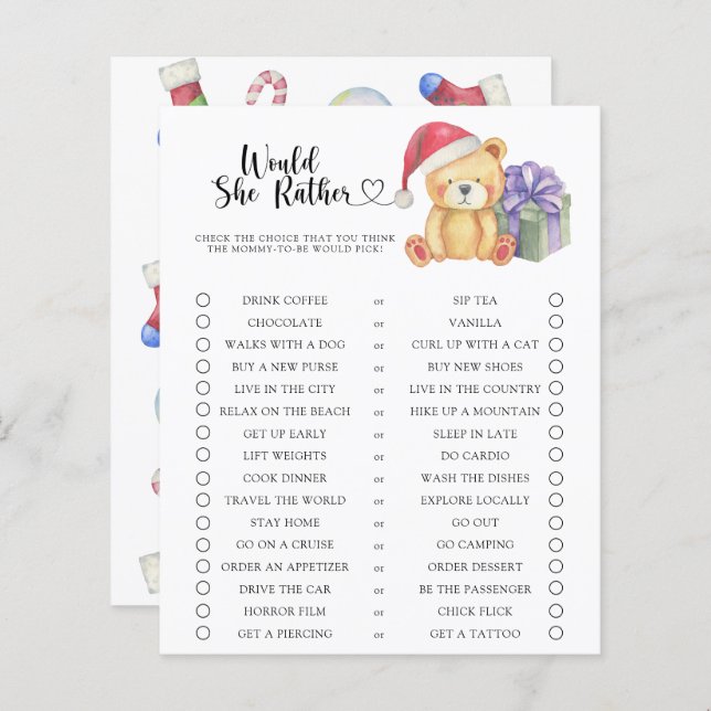 Papier Ours / Voudrait-Elle Plutôt Baby shower Jeu (Devant / Derrière)