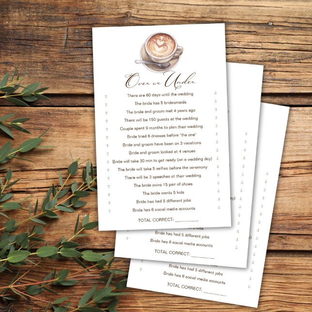 Papier Over or Under coffee fall jeu de douche nuptiale (Over or Under love is brewing coffee cappuccino fall bridal shower games card)