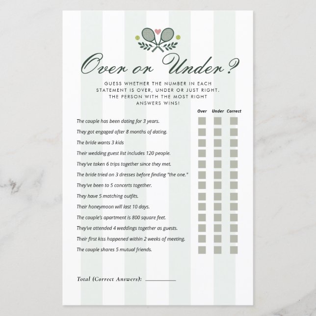 Papier Over or Under Perfect Match Bridal Shower Game (Devant)