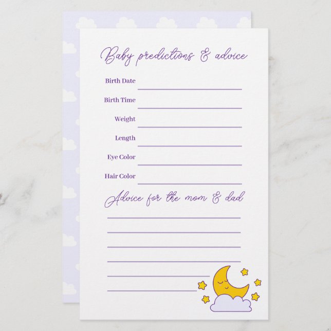 Papier Over the Moon and Stars Baby shower Guessin Jeu (Devant / Derrière)