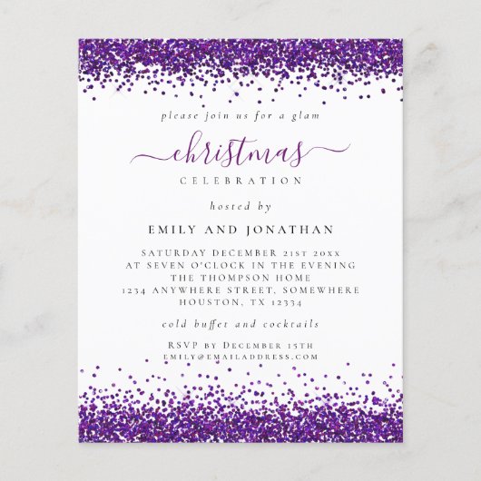 PAPIER Paarse Glitter-kerstfeest White Invite Flyer (Voorkant)