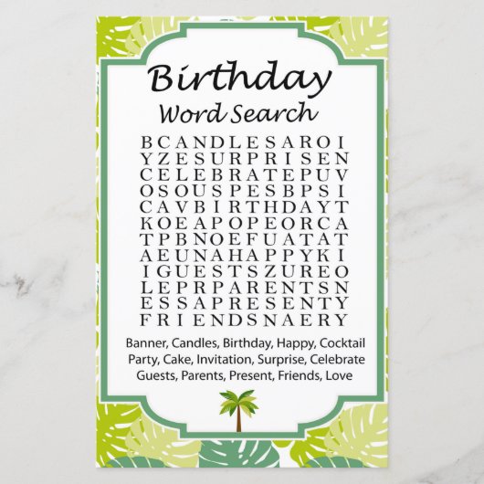 Papier Palm Anniversaire jeu de recherche par mot (Devant)