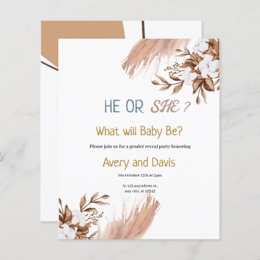 Papier Pampas Boho Grass Genre Reveal Party Invitation (Devant / Derrière)