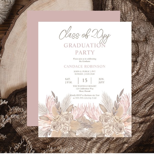 Papier Pampas BUDGÉTAIRE | Invit de la Neutral Grad Party (BUDGET Pampas Grass and Roses Mocha and Neutral-Toned Graduation Party Invitation)