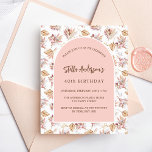 Papier Pampas d'anniversaire rose or fleur budget invitat<br><div class="desc">Un cadre en arc sur un motif de pampas herbe et fleurs roses et une croix dorée. Personnalisez et ajoutez un nom et des détails. 1 feuille = 1 invite imprimé bord à bord.</div>