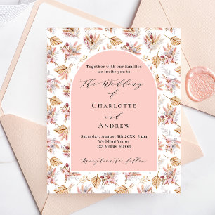 Papier Pampas fleurs rose budget or faire-part de mariage