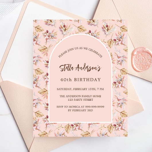Papier Pampas floral rose boho budget anniversaire invita