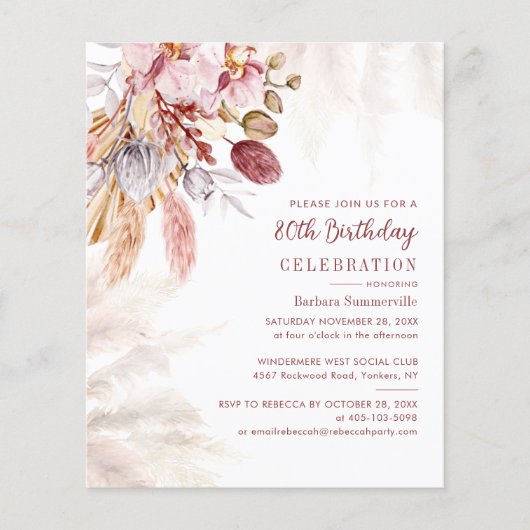 Papier Pampas Grass Boho 80e Anniversaire Fête Invitation (Devant)