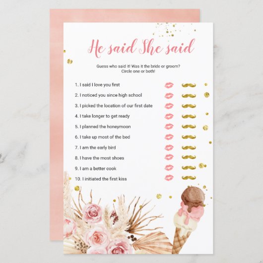 Papier Pampas Grass glace crème Il a dit Elle a dit Game (Devant / Derrière)