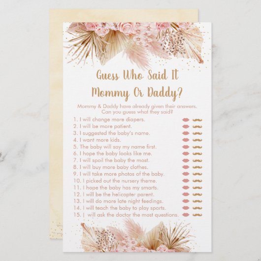 Papier Pampas Grass Rose Floral Devinez Qui A Dit Le Jeu (Devant / Derrière)