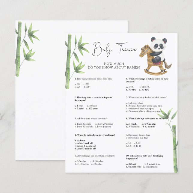 Papier Panda Bear Baby Trivia | Jeu baby shower (Devant / Derrière)