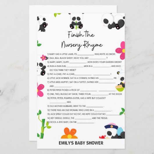 Papier Panda rose Baby shower jeu (Devant / Derrière)