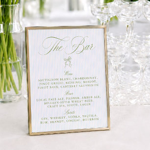 Papier Panneau de bar de mariage élégant Sage & Blue Stri