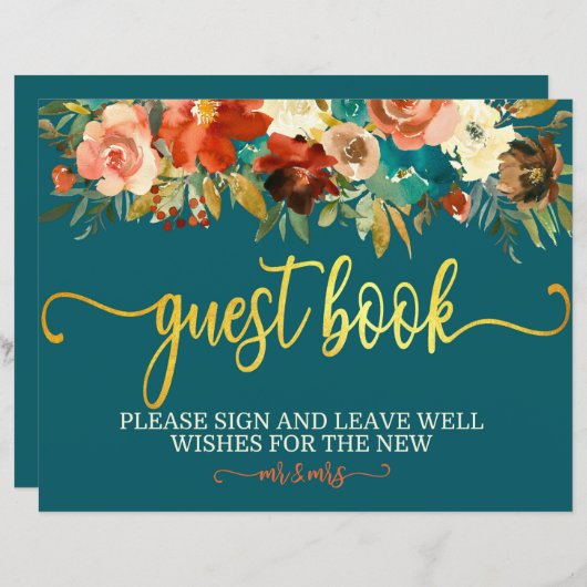 Papier Panneau du livre d'or mariage - Mariage Turquoise (Devant / Derrière)