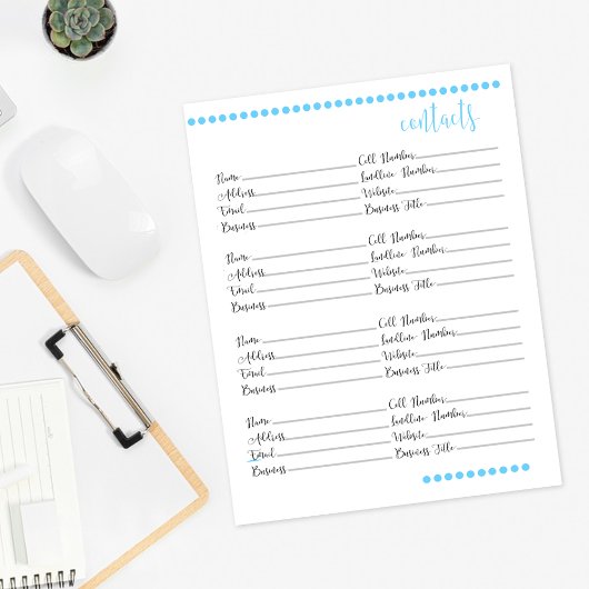 Papier papeterie du carnet de contact | Bleu bébé