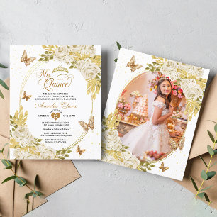 Papier Papillon blanc floral or photo Quinceañera