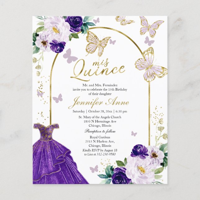 Papier Papillon Budget Quince Invitations Robe violette (Devant)