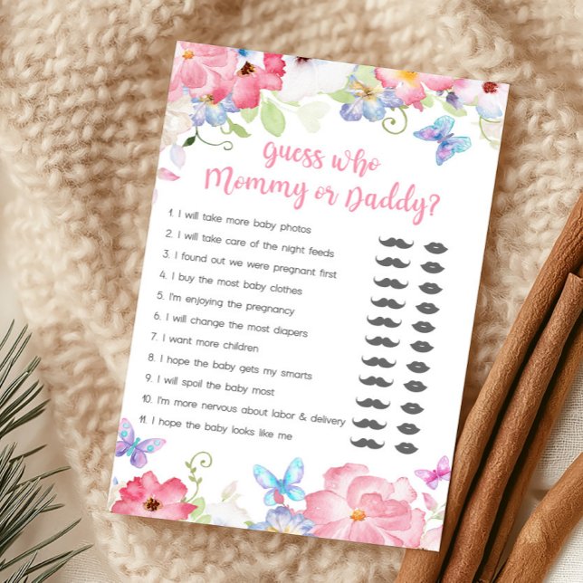 Papier Papillon Floral Devinez Maman ou Papa Jeu (Butterflies Baby Shower Guess Who Mommy or Daddy Game)