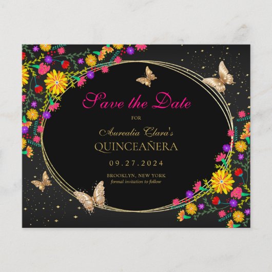 Papier Papillon Floral Noir Mexicain Quinceanera (Devant)