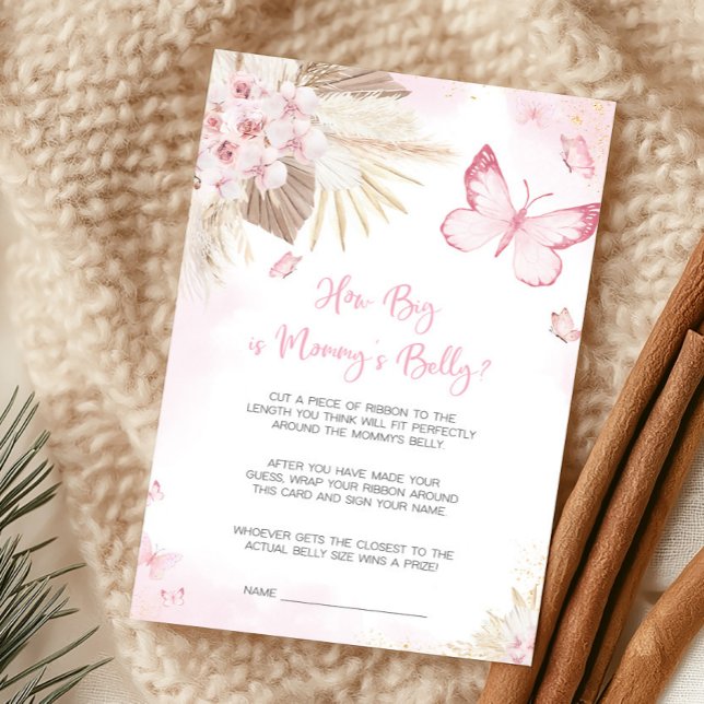 Papier Papillon Rose Devinez la taille du ventre de maman (Girl Butterfly Pampas Grass Baby Shower How Big Is Mommy's Belly Game)