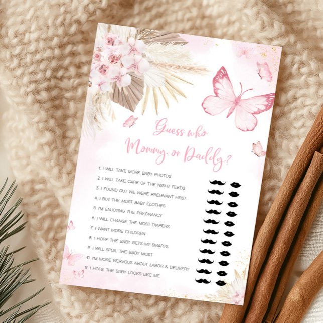 Papier Papillon Rose Devinez Qui est Maman ou Papa Jeu (Girl Butterfly Pampas Grass Baby Shower Guess Who Mommy or Daddy Game)
