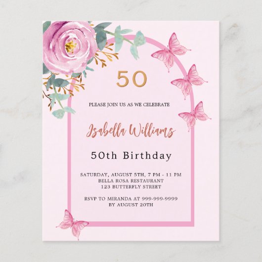 Papier Papillons à arc rose fleuri Invitation d'anniversa (Devant)