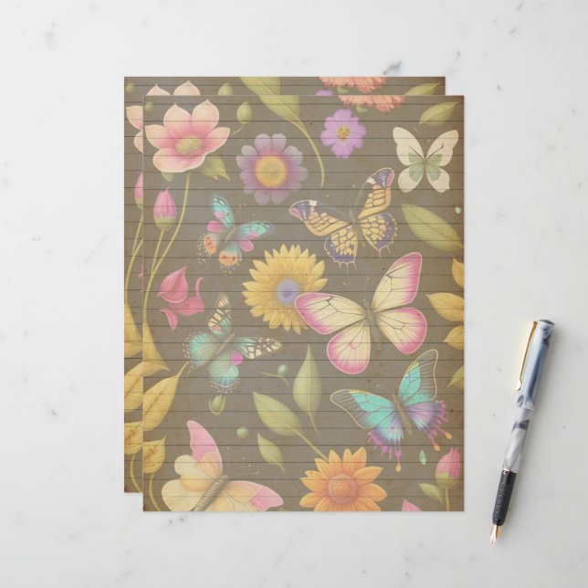 Papier Papillons et fleurs botaniques vintages (Devant/Arrière en situation)